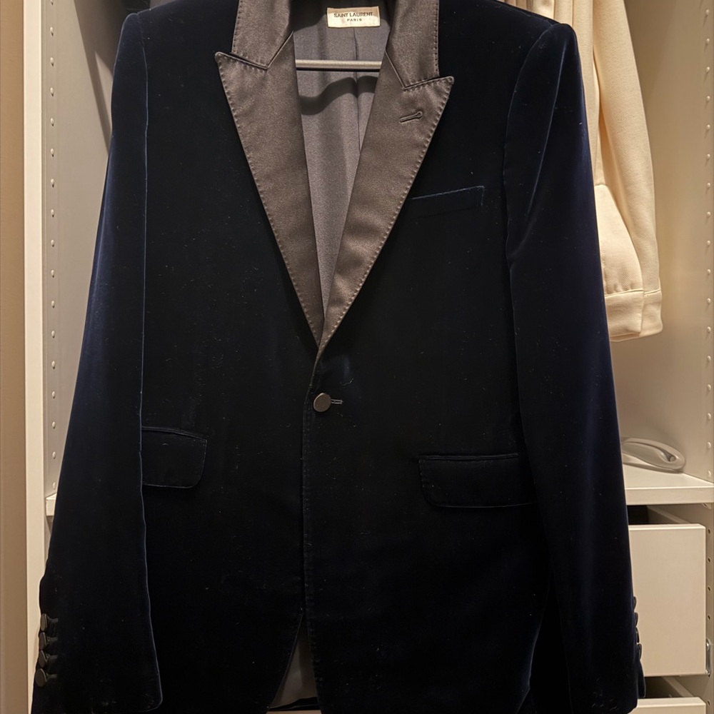 Saint Laurent Navy Velvet Blazer with Gray Satin Lapel